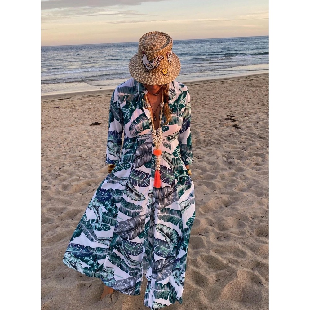 Walker & Wade XS Tropical Palm Leaf Button Down Maxi Shirt Dress Bali